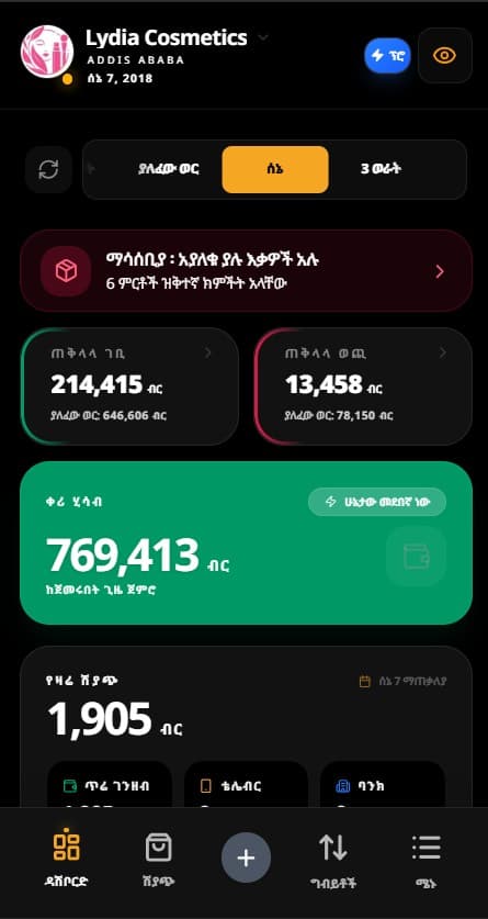 Bileh Tracker Smart POS App Interface for Ethiopian Shops